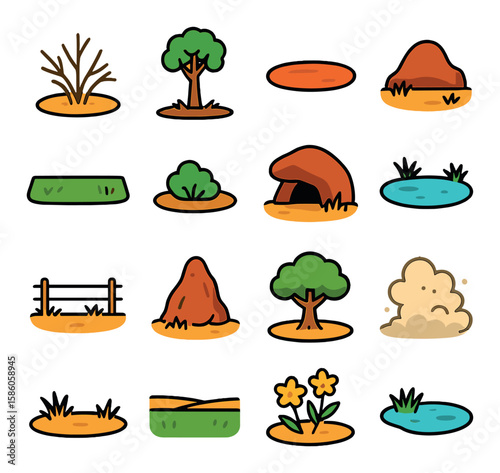 Kangaroo Environment and Habitat modern flat style. dry bush, eucalyptus tree, red soil ground, outback hill, grassy plain, desert shrub, rock shelter, small pond