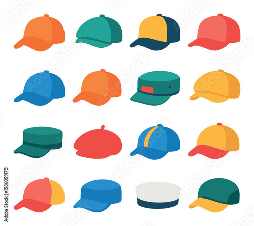 Headwear Caps modern flat style. baseball cap, flat cap, trucker cap, snapback cap, fitted cap, dad cap, five-panel cap, newsboy cap, military cap, beret, cycling cap
