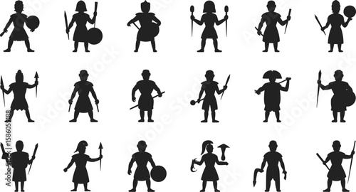 Ancient warriors holding weapons and shields silhouette black