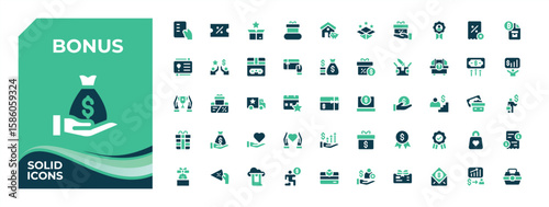 Set of Bonus colorful solid icon. Contains such icons as benefit, credit, award, present, win, incentive and more. Collection of simple solid web icons. Discount related icon set.