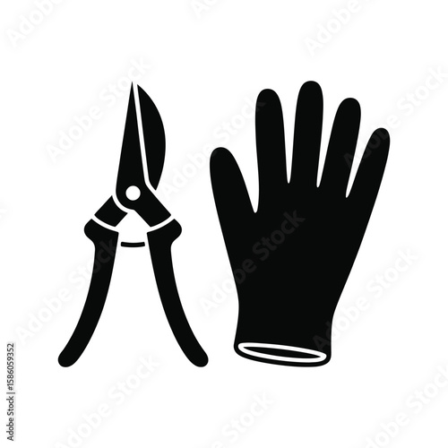 Silhouette of pruning scissors and garden gloves in black and white vector isolated for gardening tool design