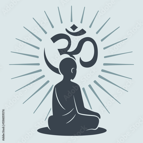 Silhouette of Meditating Figure with Om Symbol and Light Rays