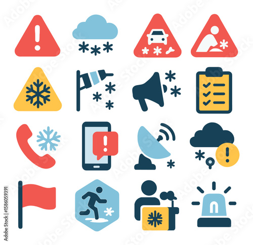 Blizzard Safety and Alerts modern flat style. weather alert symbol, snowstorm icon, road warning, avalanche risk, cold warning, wind chill advisory, community alert