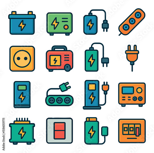 Power Supply Equipment modern flat style. battery pack, power inverter, AC adapter, power strip, wall socket, generator, surge protector, plug connector, UPS unit