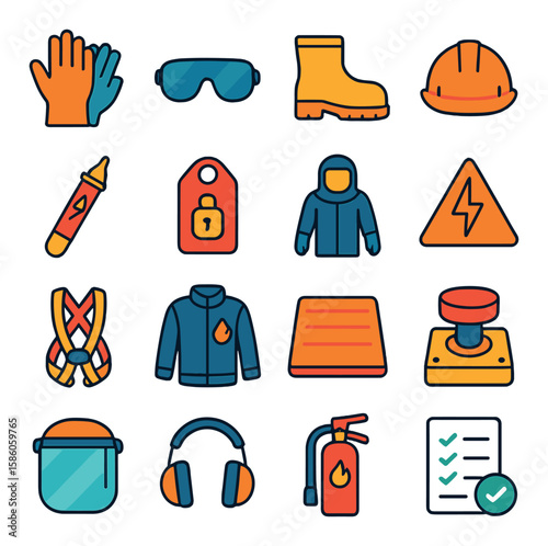 Electrical Safety Gear modern flat style. rubber gloves, safety goggles, insulated boots, hard hat, voltage detector pen, lockout tag, arc flash suit, warning label