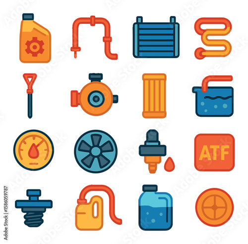 Transmission Cooling and Fluids modern flat style. transmission oil bottle, cooling line, transmission radiator, heat exchanger, fluid dipstick, oil pump, fluid filter