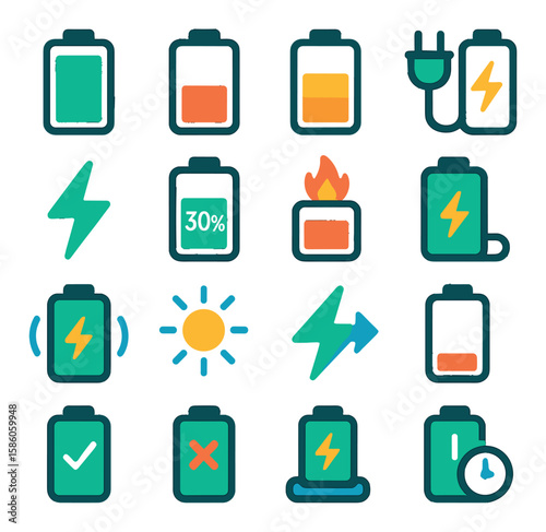 Battery Charging and Status modern flat style. full charge icon, low battery, medium level, charging plug, charging bolt, battery with percentage, overheating battery