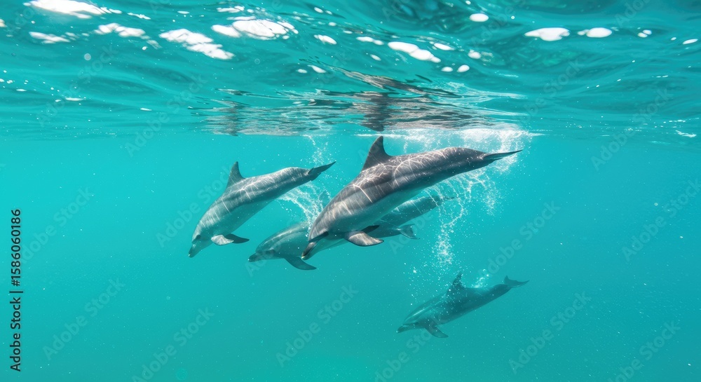 Naklejka premium Pod of Dolphins Swimming Gracefully in Turquoise Ocean Waters