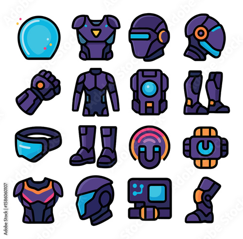Futuristic Sci-Fi Armor modern flat style. energy shield, exo-suit chest plate, reinforced helmet, glowing shoulder pad, mechanical gauntlet, nano-fiber bodysuit, power