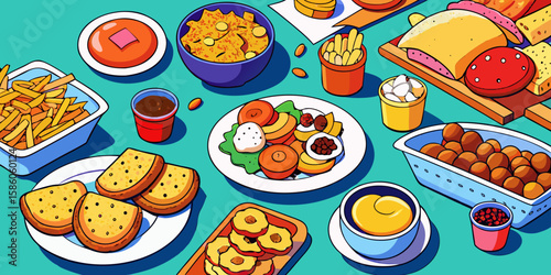 Delicious fast food dinner and fruit and vegetable set vector illustration
