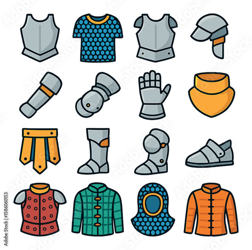 Medieval Body Armor modern flat style. breastplate, chainmail shirt, cuirass, shoulder pauldron, arm guard, elbow couter, gauntlet, gorget, tasset, greave, knee poleyn