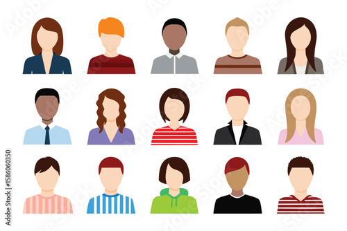 Diverse Portraits: A collection of diverse individuals represented through a clean and simple design, each portrait embodying unique characteristics