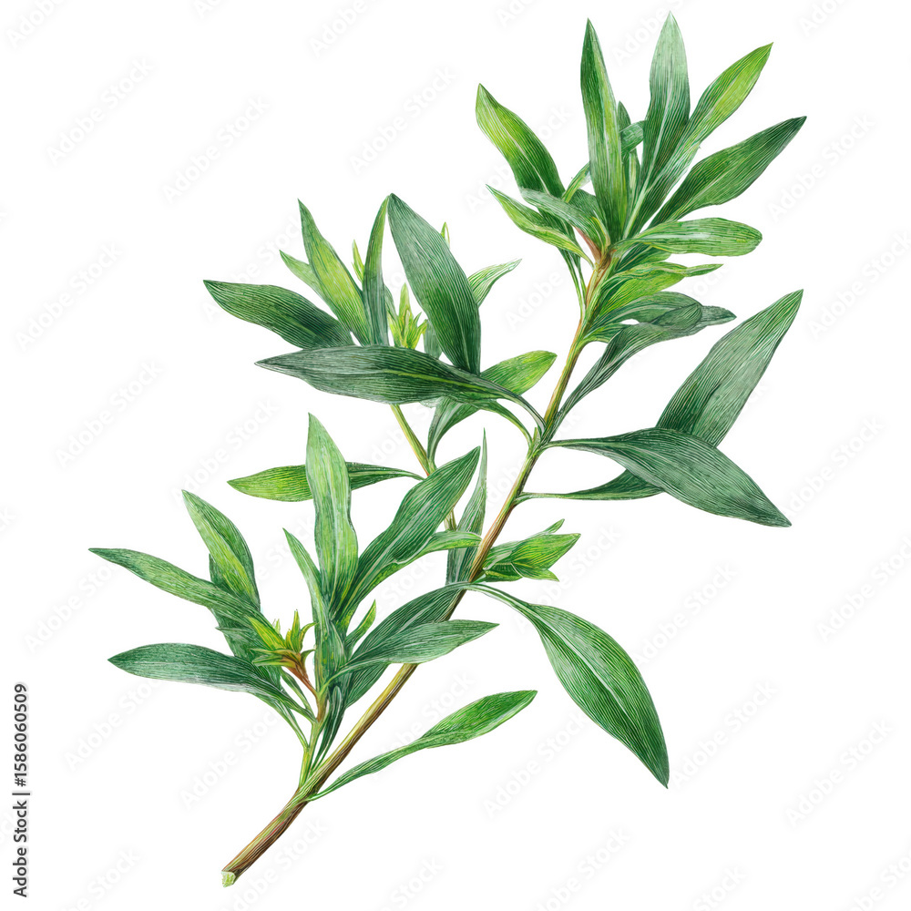 Obraz premium Tarragon Plant Close-up: A detailed studio image captures the essence of tarragon plant with its vibrant green leaves, showcasing the beauty of natural.