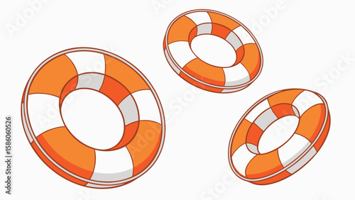 Three orange and white striped life preserver rings floating on a light background