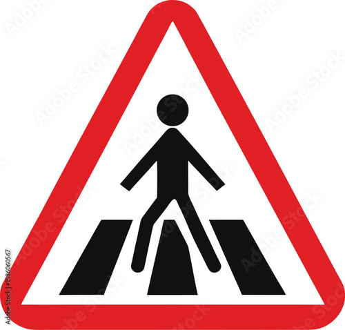 Red triangle warning road sign with a pedestrian crossing symbol for traffic safety