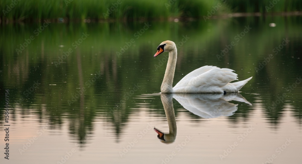 Obraz premium Serene Swan Reflection: Elegant White Bird on Calm Lake Water