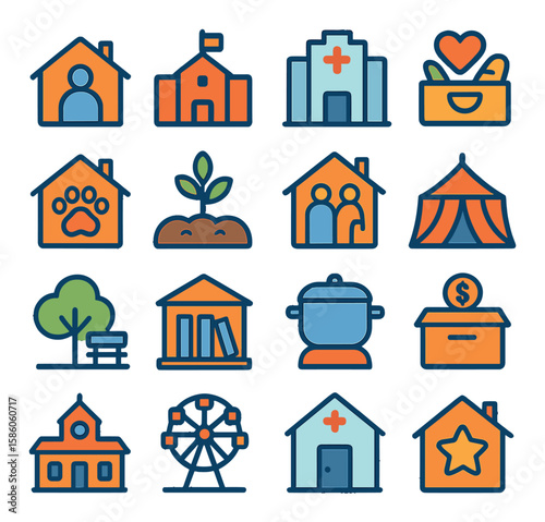 Community Volunteer Settings modern flat style. shelter, school, hospital, food bank, animal rescue, community garden, senior center, event tent, public park, library