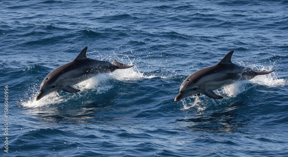 Fototapeta premium Two Dolphins Leap Through Ocean Waves, Playful Marine Life, Splashing Water.