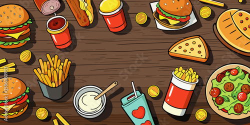 Seamless pattern with cartoon food icons: a delightful collection of breakfast, lunch, and fast food illustrations including coffee, pizza, hamburgers, and sushi