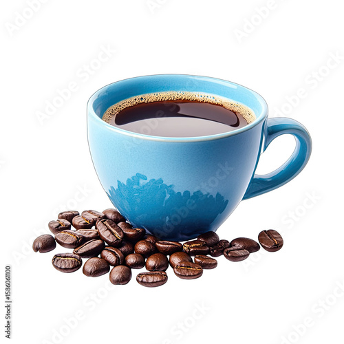 A light-blue ceramic cup filled with dark coffee sits atop a pile of roasted coffee beans against a black background