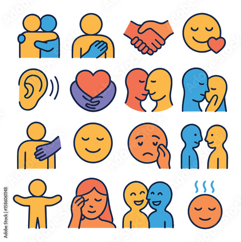 Caring Gestures and Emotions modern flat style. hugging, hand on shoulder, holding hands, smile with heart, listening ear, comforting arms, forehead touch, gentle touch