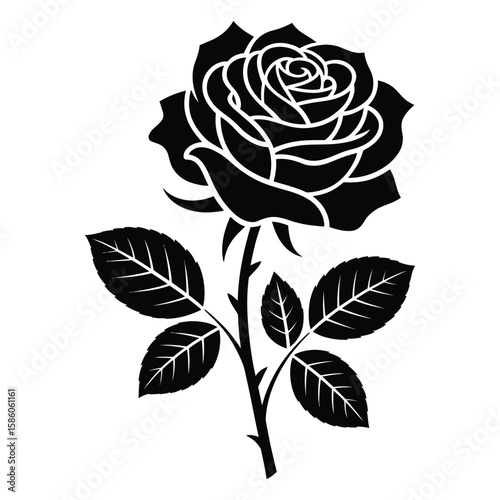 Single rose silhouette with petals and leaves in ornate stencil style vector isolated black and white