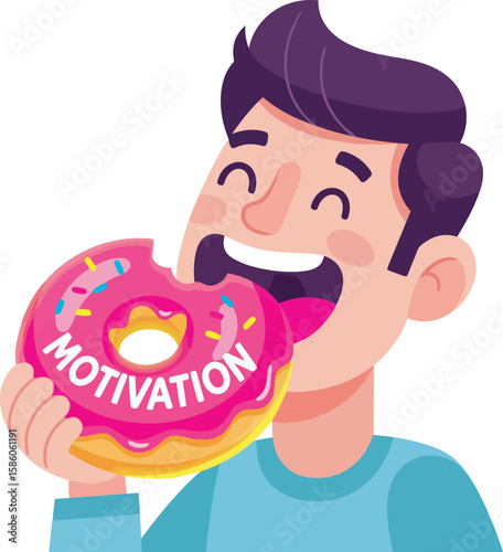 A cheerful person enjoying a pink donut with the word "Motivation" on it.