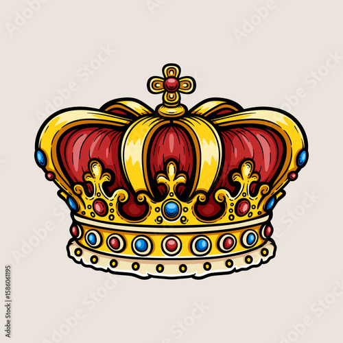 king crown colored cartoon logo isolated drawing line style sketch classic vintage design illustration