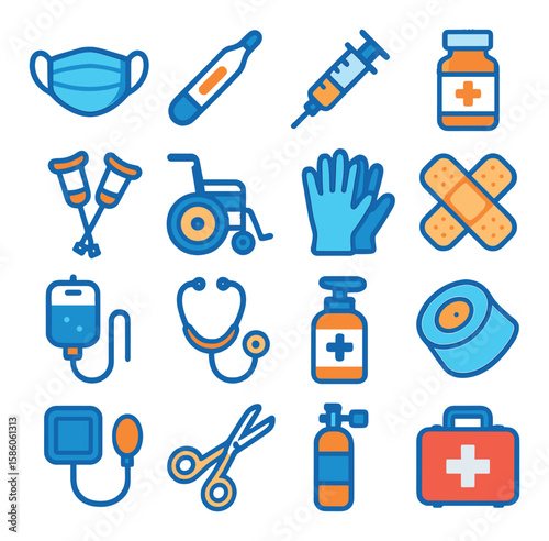 Donated Medical Supplies modern flat style. face mask, thermometer, syringe, pill bottle, crutches, wheelchair, medical gloves, bandages, IV bag, stethoscope, antiseptic
