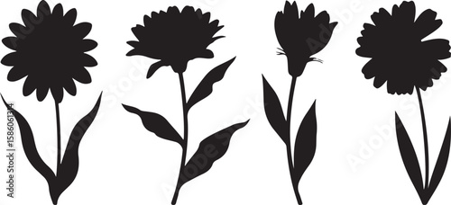 Four black flower silhouettes with stems and leaves