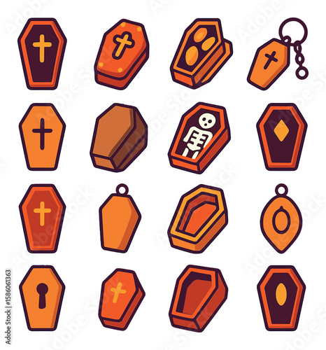 Miniature and Toy Coffins modern flat style. Halloween prop coffin, plastic model coffin, candy box coffin, coffin keychain, cardboard cutout, paper craft coffin, toy