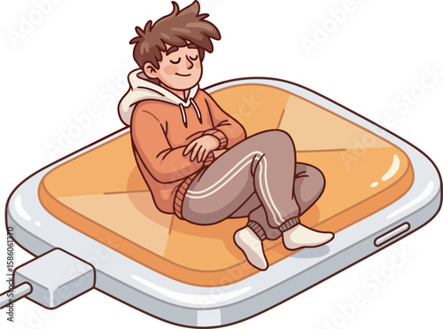 A cartoon boy resting peacefully on a large, stylized email icon, which itself is shaped like a charging phone.
