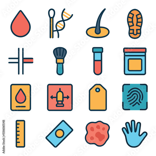 Forensic Evidence Elements modern flat style. blood droplet, DNA swab, hair strand, shoe tread, fiber sample, fingerprint brush, test tube, plastic baggie, blood type