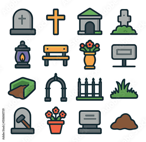 Graveyard-Related Items modern flat style. tombstone, cross marker, mausoleum, grave plot, grave lantern, cemetery bench, flower holder, nameplate, burial site, gate arch