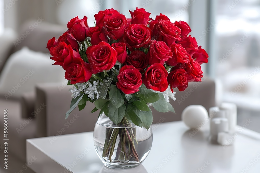 Obraz premium A lush bouquet of red roses arranged elegantly in a glass vase, the perfect symbol of love, beauty, and romance.