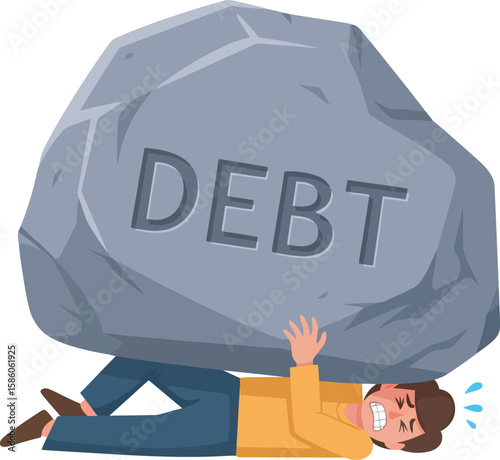 A person burdened by a large rock labeled "DEBT", symbolizing financial strain.