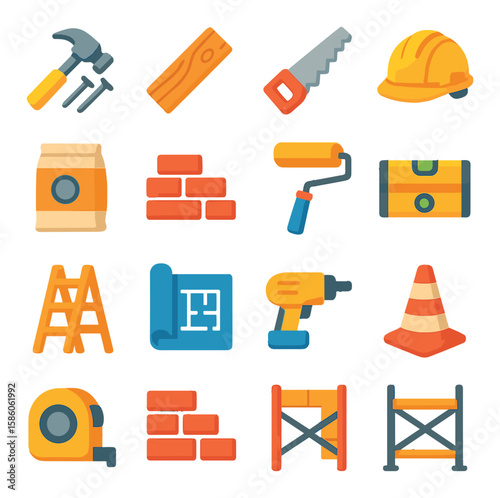 Rebuilding and Construction modern flat style. hammer, nails, wood plank, saw, construction helmet, cement bag, bricks, paint roller, level tool, ladder, blueprint, drill