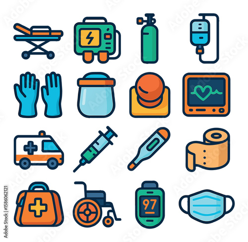 Emergency Medical Equipment modern flat style. stretcher, defibrillator, oxygen tank, IV drip, medical gloves, face shield, emergency button, heart monitor, ambulance