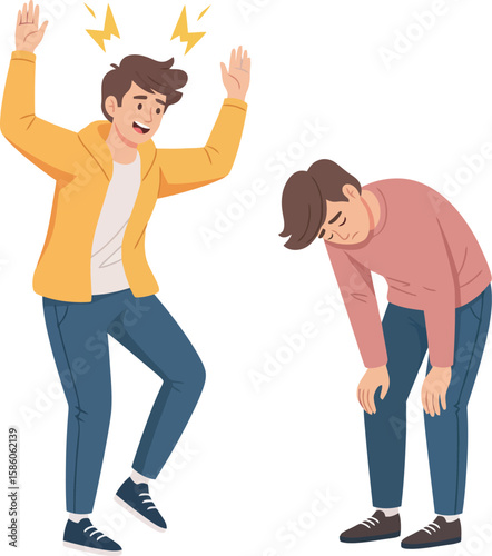 Two cartoon men, one excited and one exhausted, depicted in a contrasting emotional state.