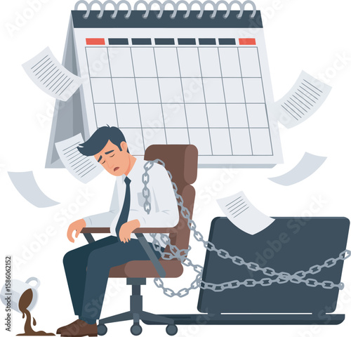 Overwhelmed businessman chained to his laptop and calendar, struggling with paperwork and deadlines.