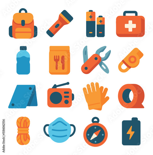Disaster Survival Gear modern flat style. backpack, flashlight, batteries, first aid kit, water bottle, emergency food pack, multitool, whistle, tarp, radio, gloves, duct