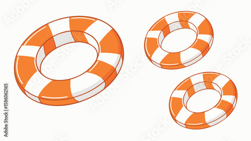 Three orange and white striped life preserver rings floating on a light background
