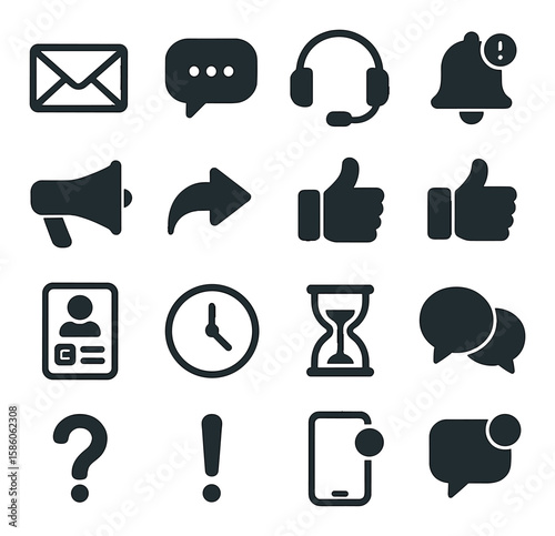 Email envelope, chat icon, headset, bell alert, megaphone, reply arrow, thumbs up, thumbs down, feedback form, clock, timer, chat bubbles, question mark, exclamation