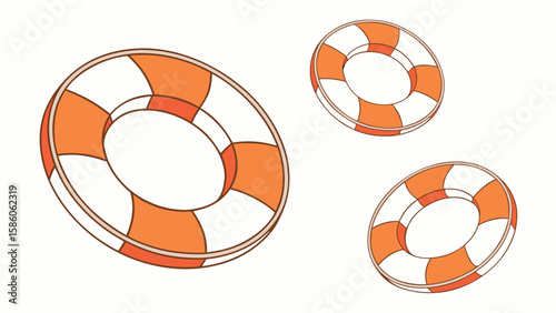 Three orange and white striped life preserver rings floating against a plain background