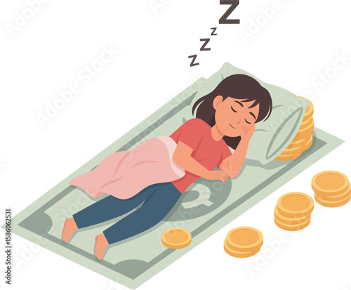 A young girl peacefully sleeps soundly on a large dollar bill, using a stack of coins as a pillow, surrounded by more coins.