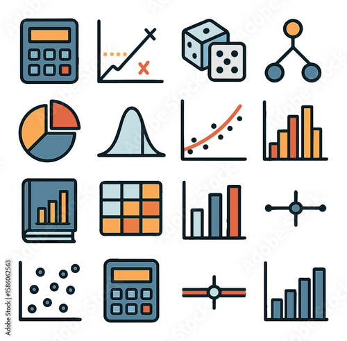 Calculator, error margin, trend line, dice, probability tree, pie chart, bell curve, regression curve, scatter plot, histogram, statistics book, sample data, bar chart