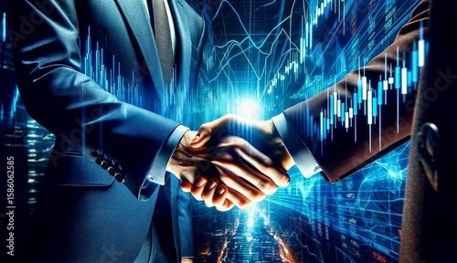 Business professionals shaking hands in a digital environment, with glowing graphs and data visualizations in the background, symbolizing partnership and collaboration in finance