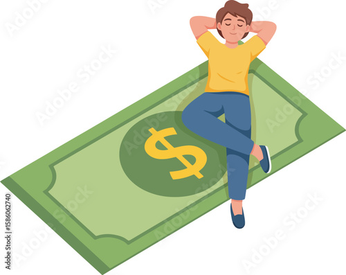 A relaxed person lying on a large dollar bill, enjoying a moment of financial peace.