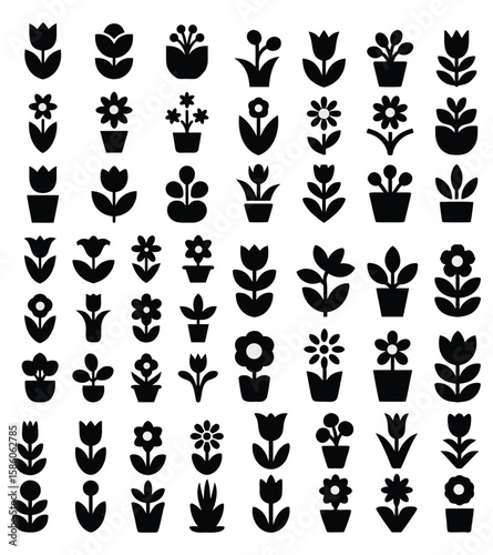 Collection of stylized black floral icons on white background 1
