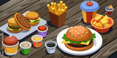 A delicious set of isolated fast food icons including hamburgers, cheeseburgers, fries, and other unhealthy snacks